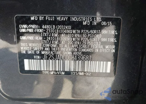 2016 Subaru Forester 2.5I Premium from USA, damaged, VIN JF2SJADC0GH439681